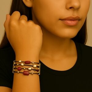 Women's Layered Black cord, Gold tone, Red & Clear Beads Bracelet, magnetic lock
